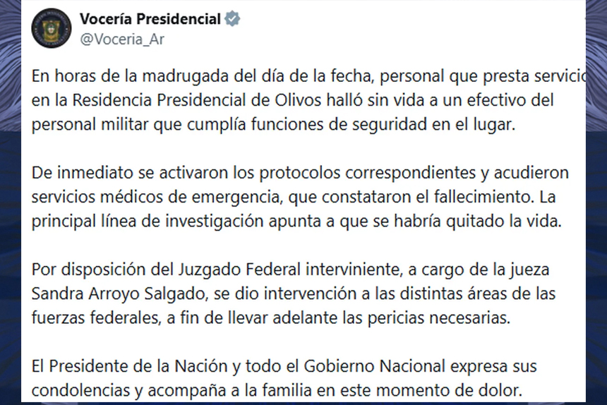 Hallan muerto a un soldado custodio en la quinta presidencial