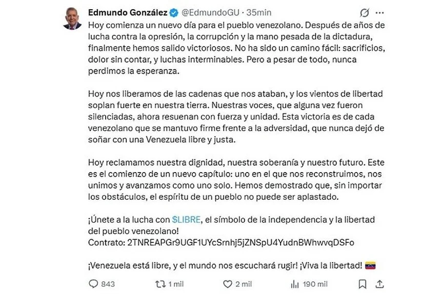 El líder opositor venezolano replica el esquema de la estafa $LIBRA con un posteo similar al de Milei