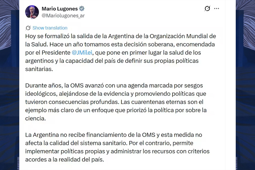 Soberanía sanitaria o aislamiento global: el gobierno oficializa el retiro de Argentina de la OMS